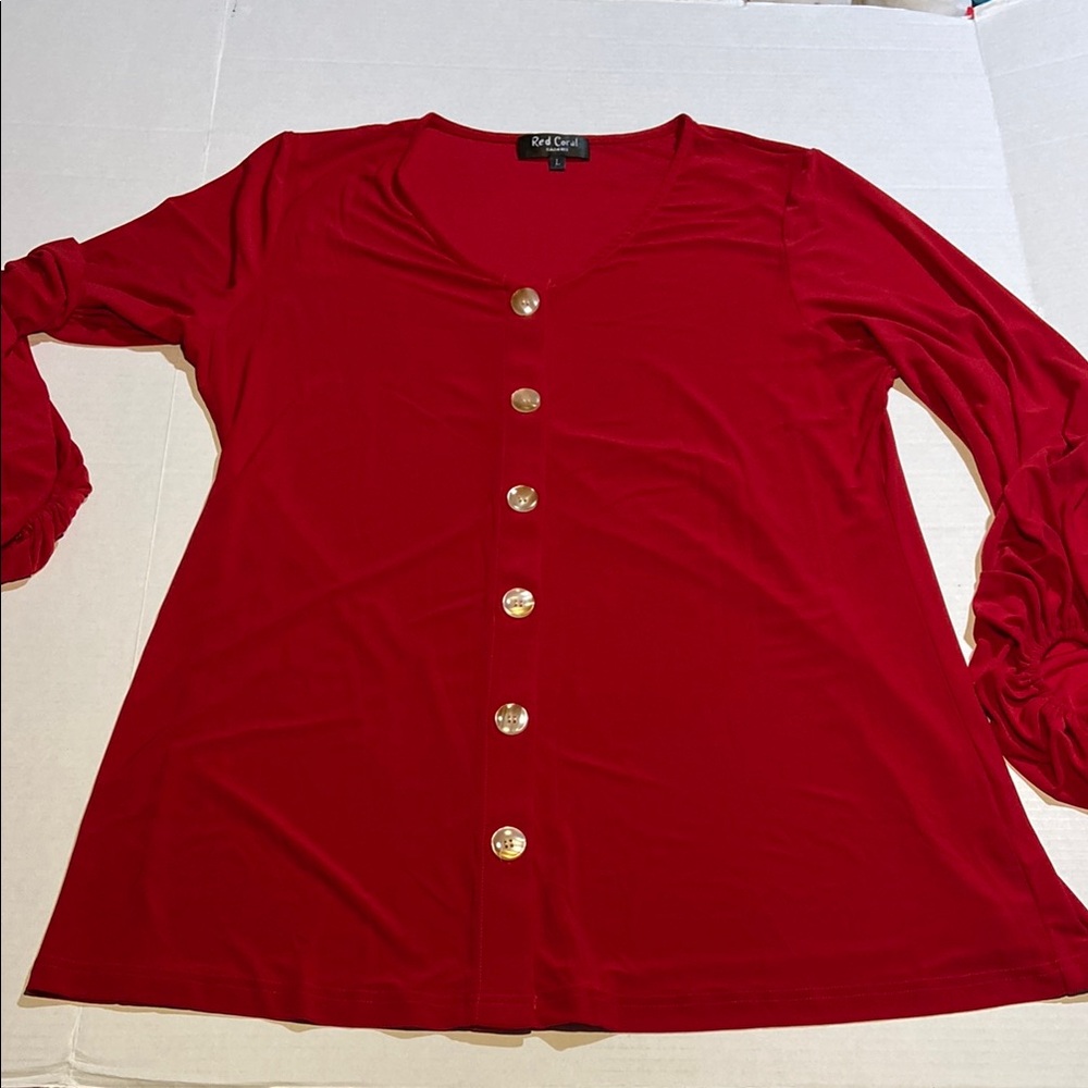 Red Coral Crimson Red Button-Down Women's Shirt with Mother of Pearl Buttons